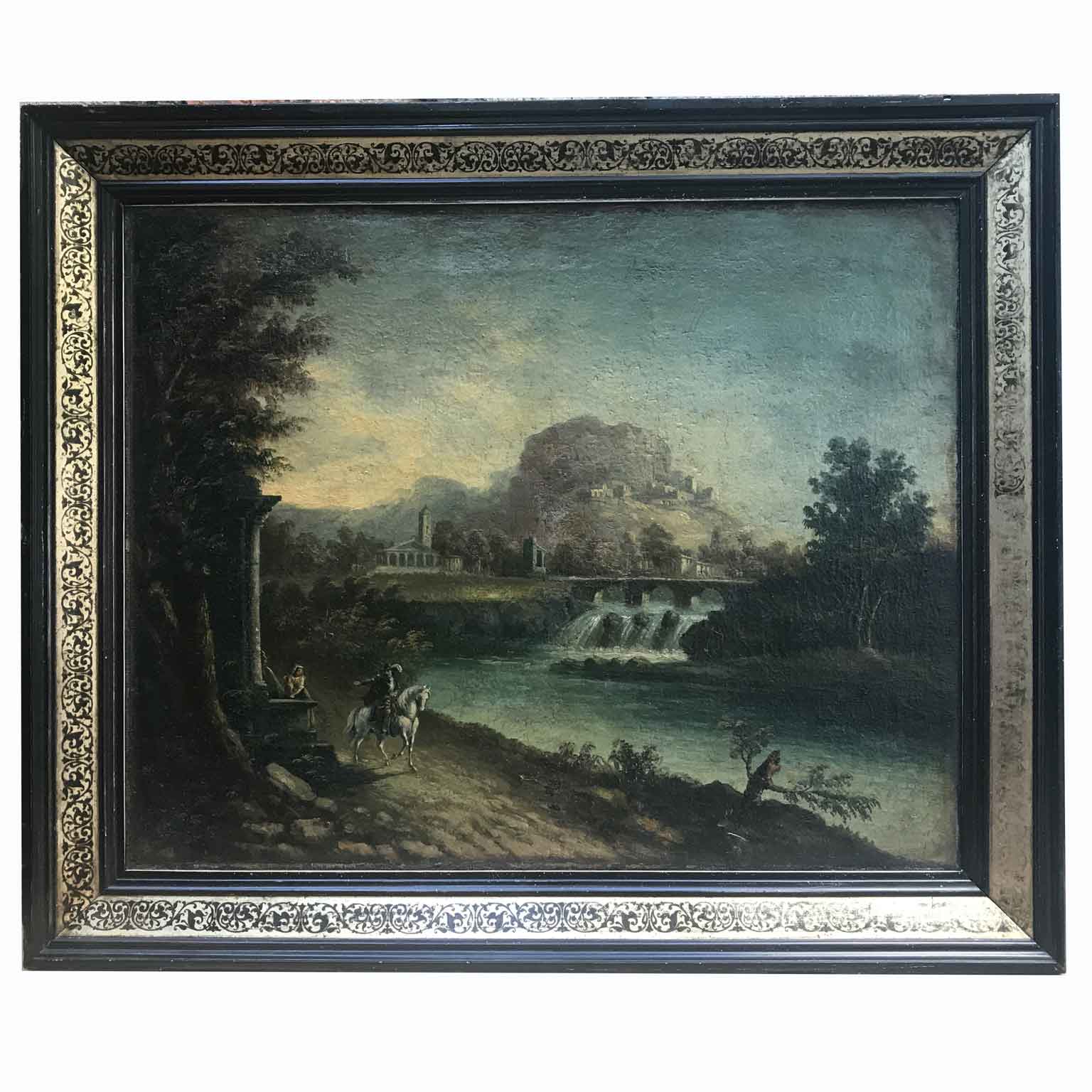 Early 19th Century Italian River Landscape with Ruins Bridge and ...